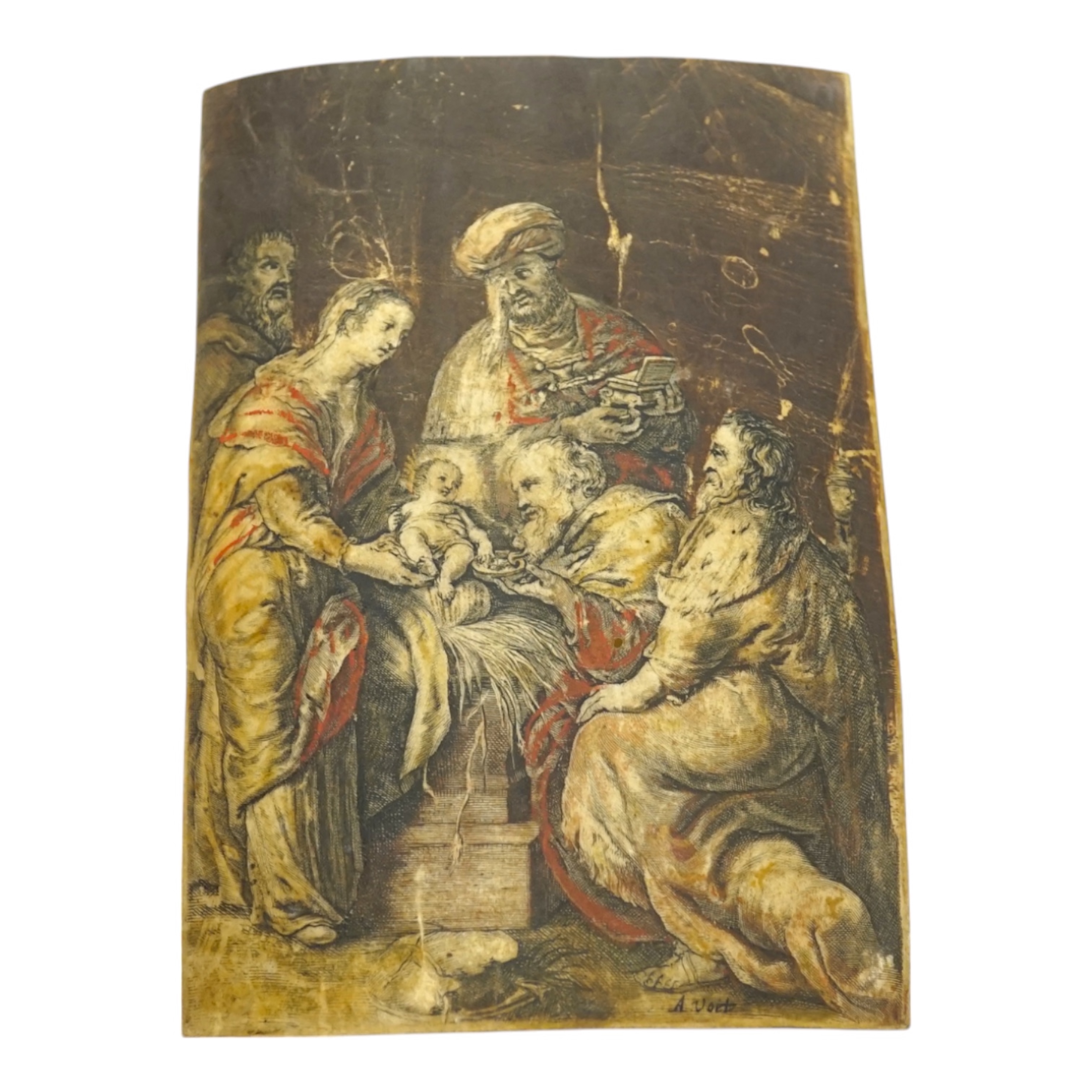 Old Master style, overpainted print on vellum, Adoration of Christ, unframed, 14 x 9.5cm. Condition - poor